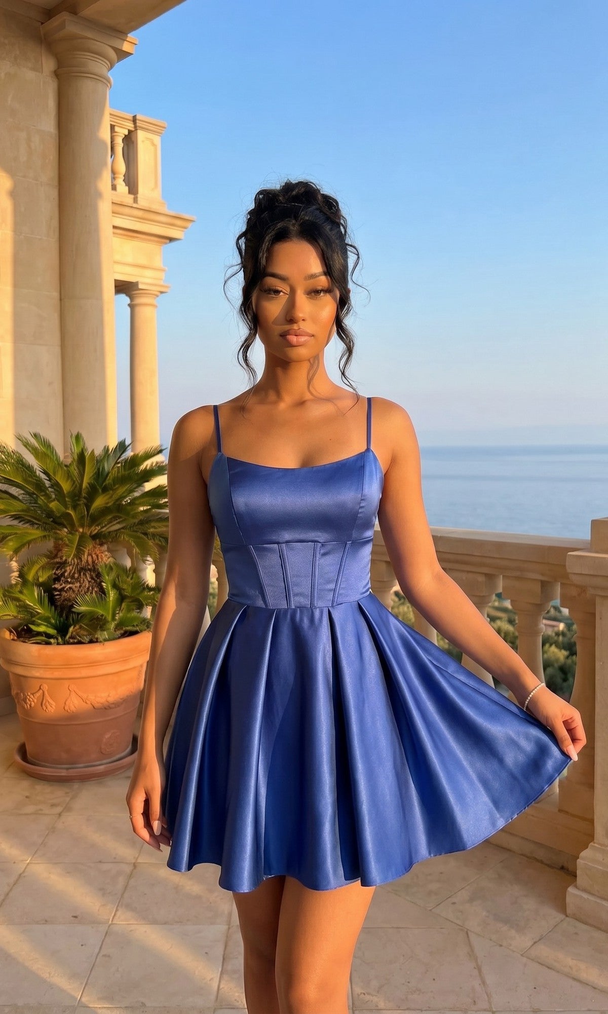 A woman in a navy Side-Pockets Mini Hoco Dress (Blondie Nites 6322BN) poses on a stone balcony with a potted palm and ocean view in the background.